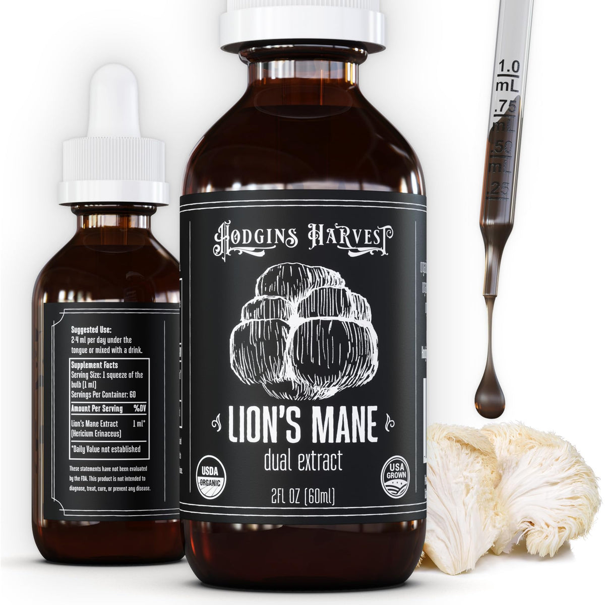 Bouteille d'extrait de champignon crinière de lion Hodgins Harvest 60 ml vue de face