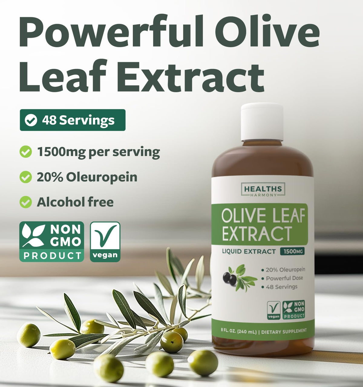 Bouteille d'extrait de feuille d'olive Healths Harmony 1500mg, étiquette