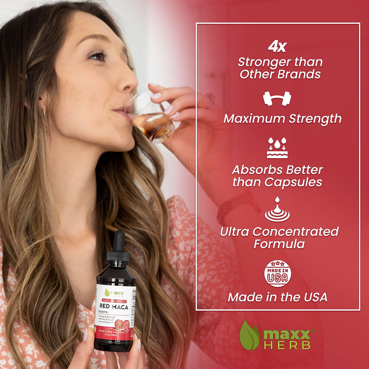 Bouteille d'extrait de Maca Rouge Maxx Herb avec étiquette