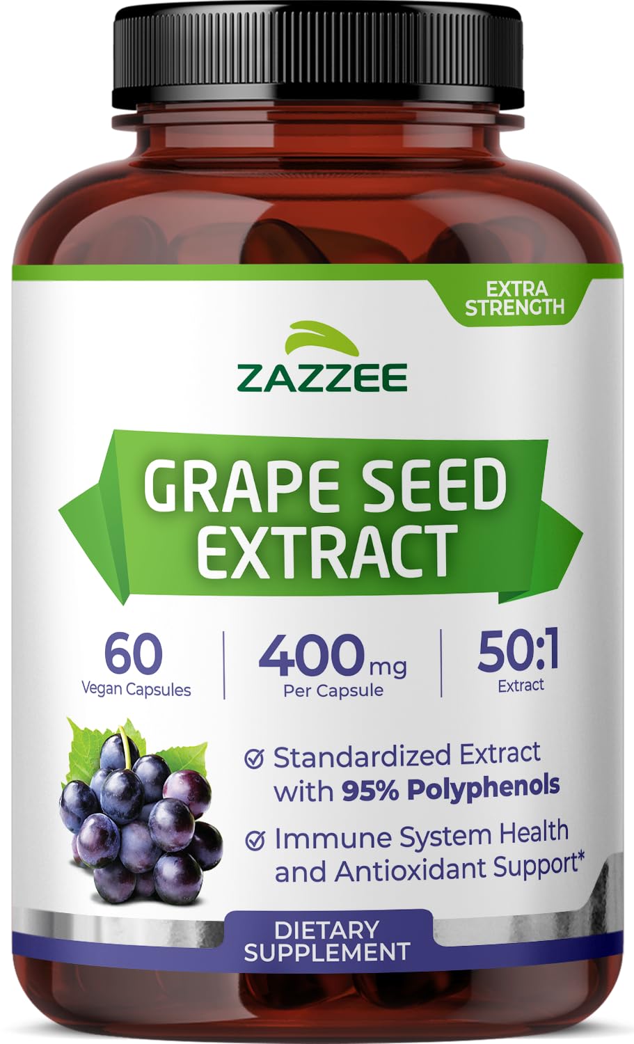 Bouteille d'extrait de pépins de raisin Zazzee 60 capsules vue de face