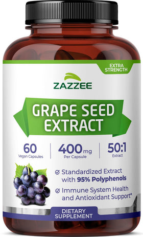 Bouteille d'extrait de pépins de raisin Zazzee 60 capsules vue de face