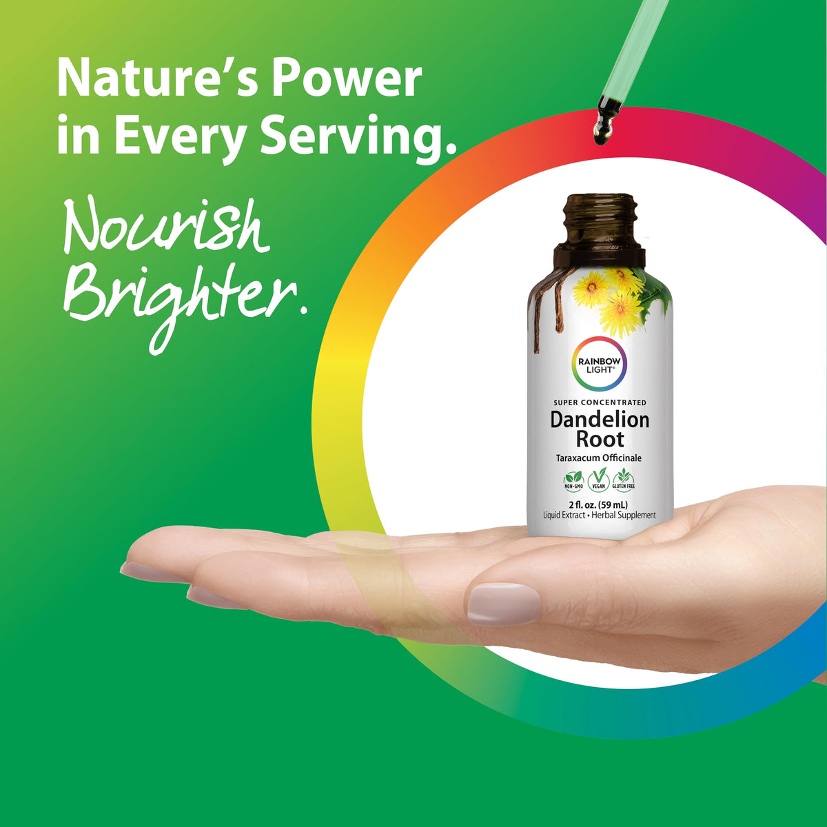 Bouteille d'extrait de racine de pissenlit Rainbow Light avec un verre d'eau