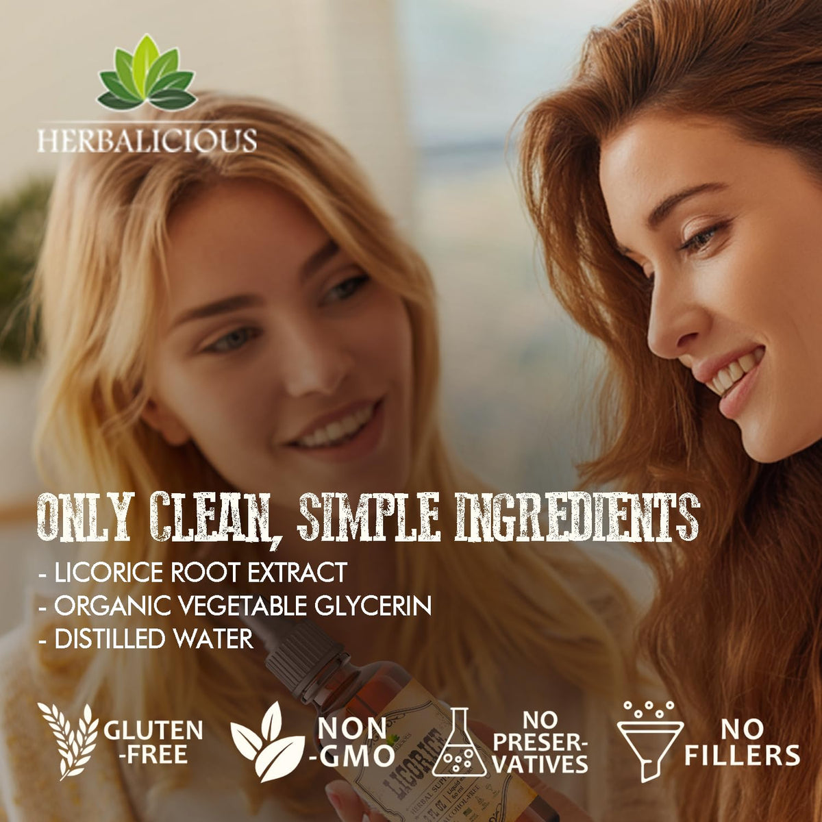Bouteille d'extrait de réglisse HERBALICIOUS ouverte avec compte-gouttes