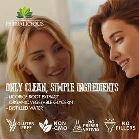 Bouteille d'extrait de réglisse HERBALICIOUS ouverte avec compte-gouttes