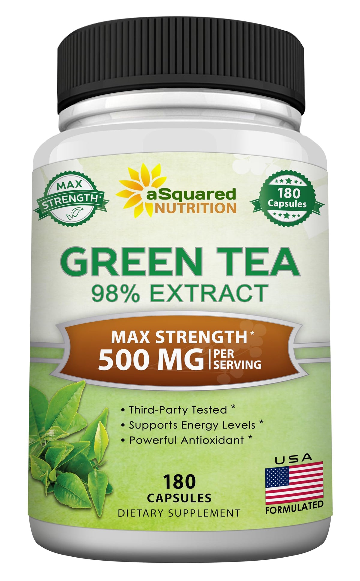 Bouteille d'extrait de thé vert aSquared Nutrition 500mg 180 capsules