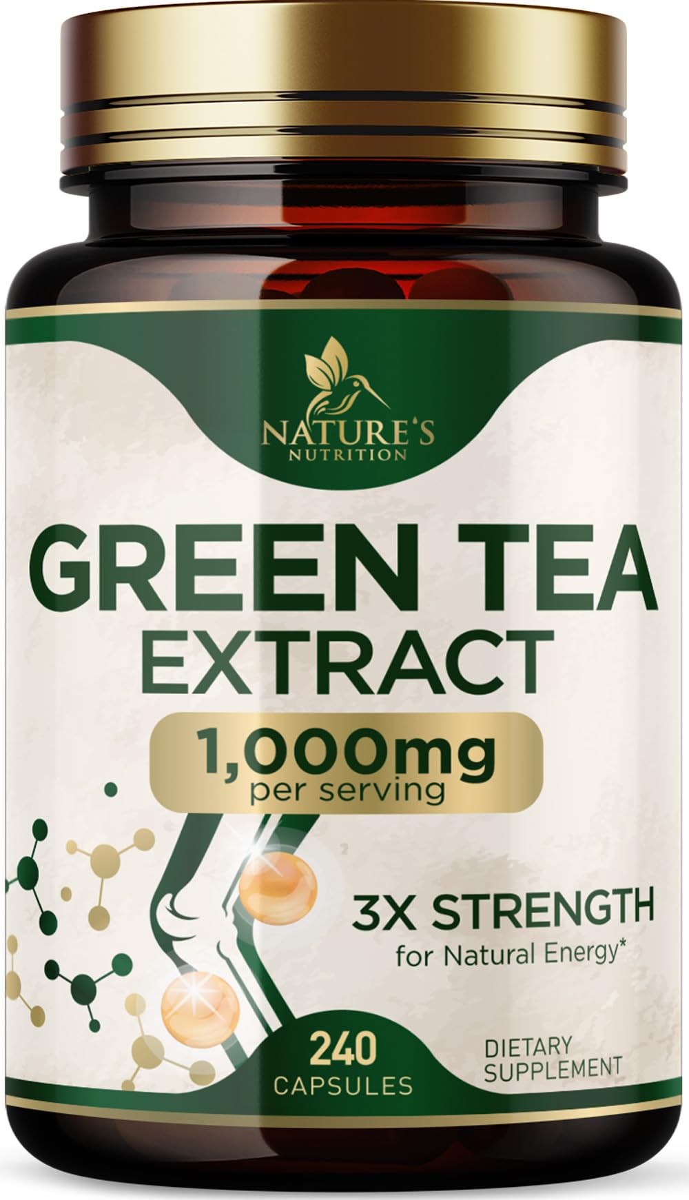 Bouteille d'extrait de thé vert Nature's Nutrition 1000mg 240 capsules vue de face