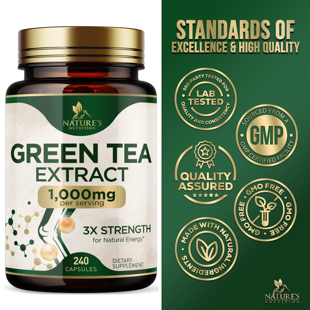 Bouteille d'extrait de thé vert Nature's Nutrition avec capsules à côté