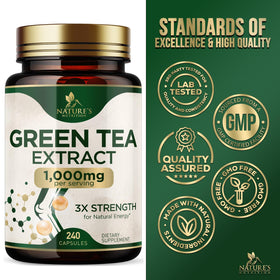 Bouteille d'extrait de thé vert Nature's Nutrition avec capsules à côté