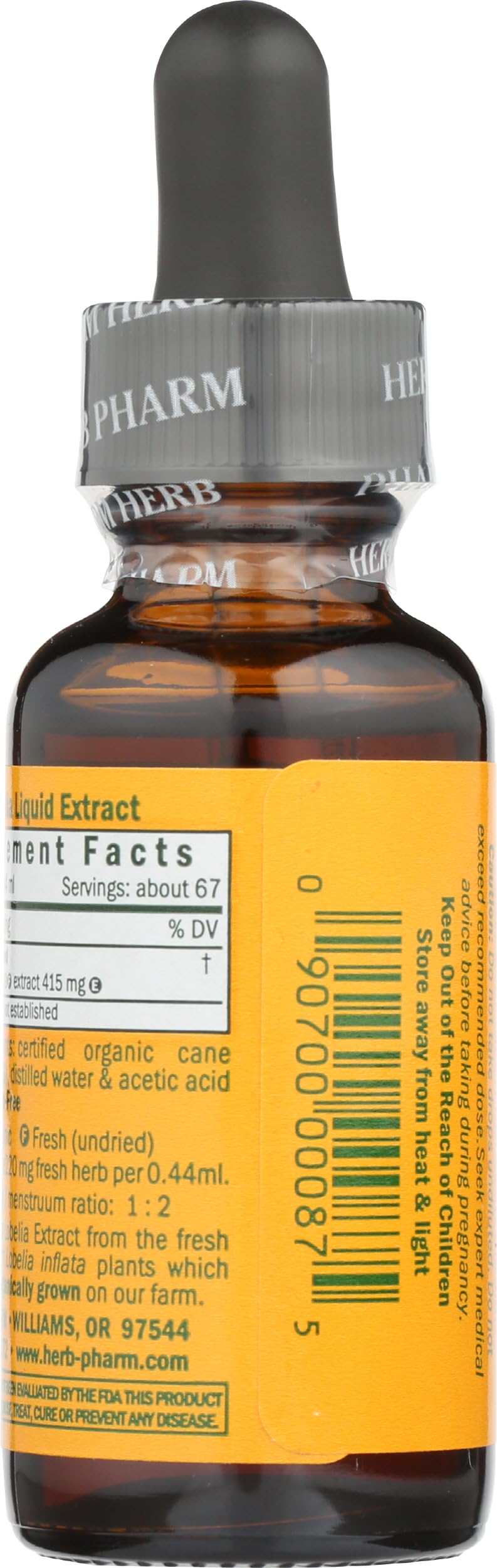 Bouteille d'extrait liquide de Lobélie Herb Pharm avec étiquette visible