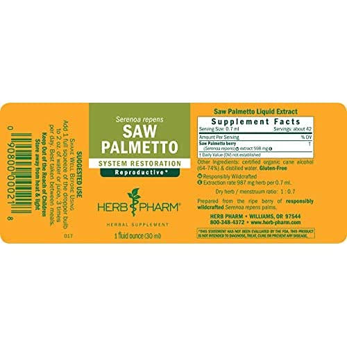 Bouteille d'extrait liquide de Saw Palmetto Herb Pharm avec étiquette