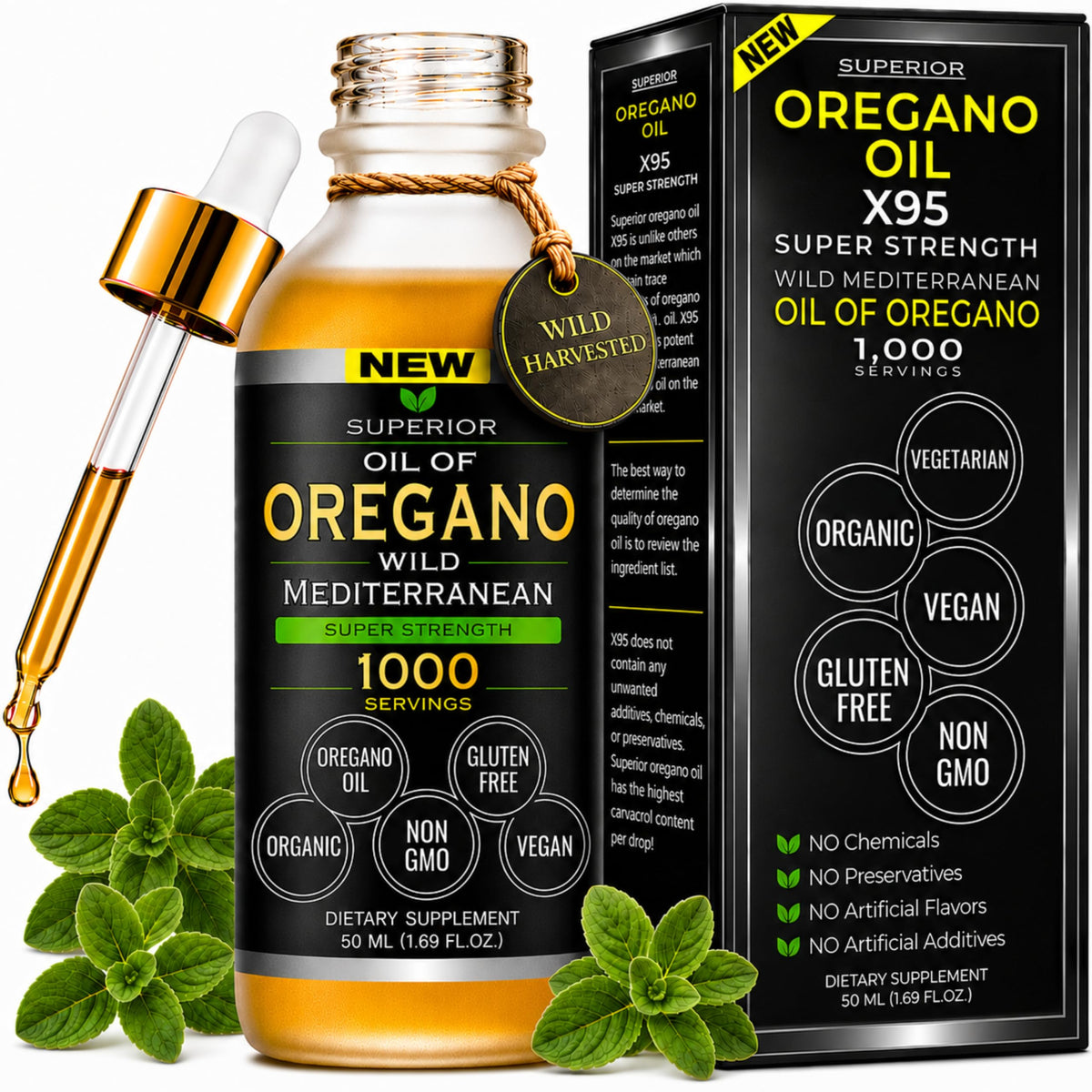 Bouteille d'huile d'origan bio 1 000 gouttes vue de face