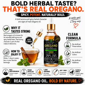 Bouteille d'huile d'origan bio avec des herbes fraîches