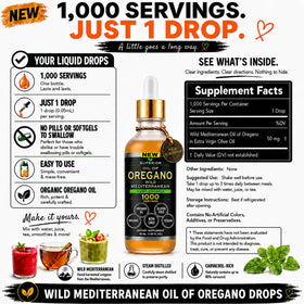 Bouteille d'huile d'origan bio avec des ingrédients naturels