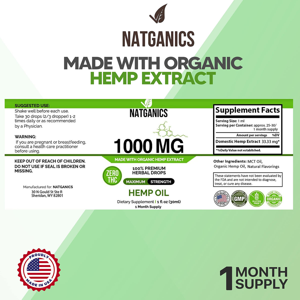 Bouteille d'huile de chanvre Natganics 1000mg avec étiquette