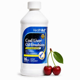 Bouteille d'huile de foie de morue HealthA2Z 16oz avec étiquette cerise