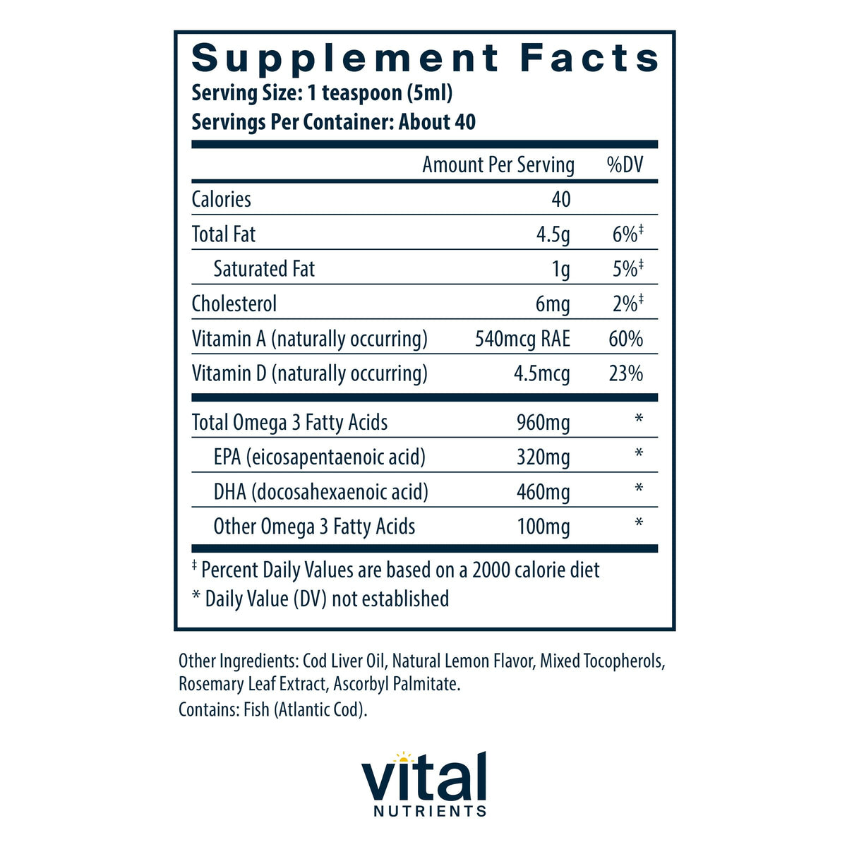 Bouteille d'huile de foie de morue Ultra Pure de Vital Nutrients, étiquette visible