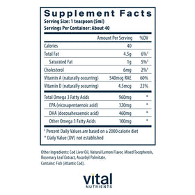 Bouteille d'huile de foie de morue Ultra Pure de Vital Nutrients, étiquette visible