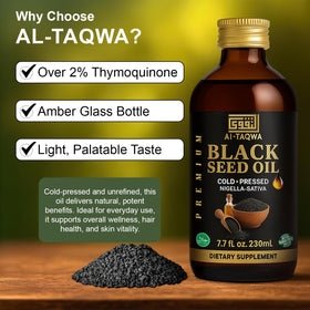 Bouteille d'huile de graines noires AL-TAQWA avec des ingrédients naturels
