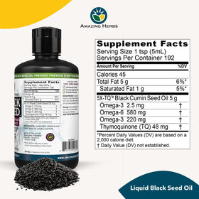 Bouteille d'huile de graines noires Amazing Herbs 32 Fl Oz avec étiquette visible