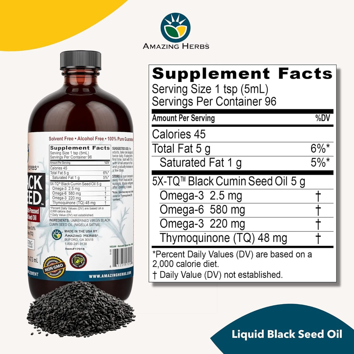 Bouteille d'huile de graines noires Amazing Herbs ouverte avec huile visible