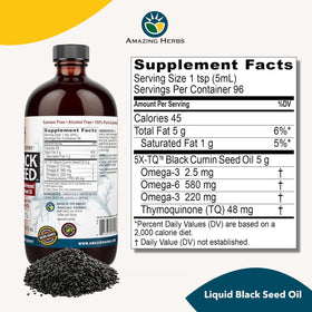 Bouteille d'huile de graines noires Amazing Herbs ouverte avec huile visible