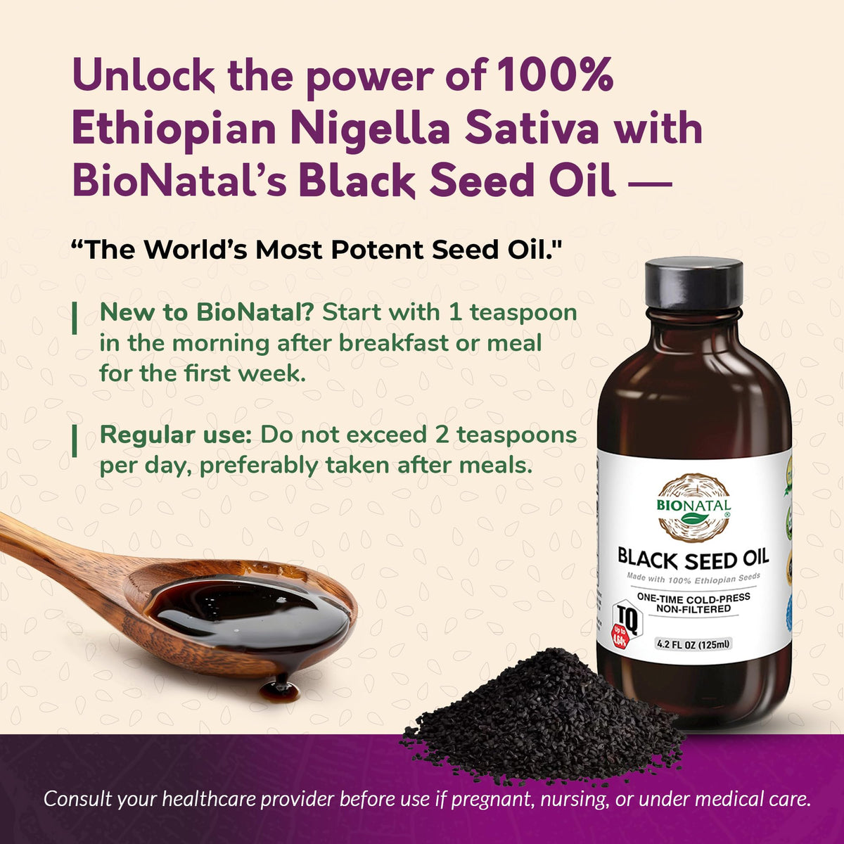 Bouteille d'huile de graines noires BioNatal avec couvercle ouvert