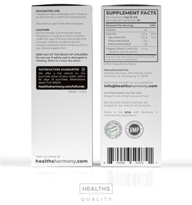 Bouteille d'huile de graines noires Healths Harmony avec ingrédients naturels
