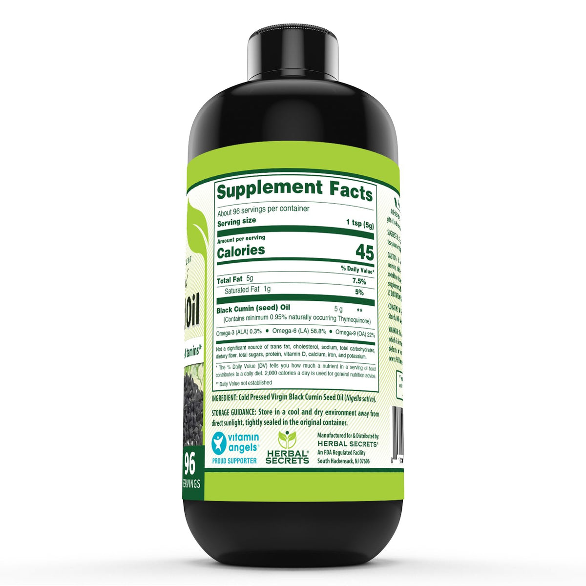 Bouteille d'huile de graines noires Herbal Secrets avec étiquette