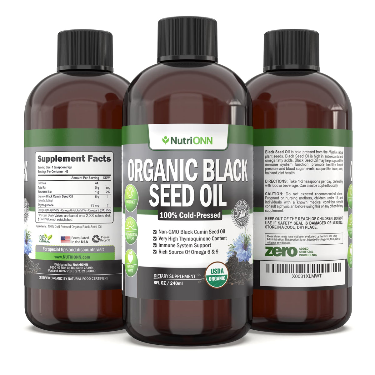 Bouteille d'huile de graines noires NutriONN sur une table en bois