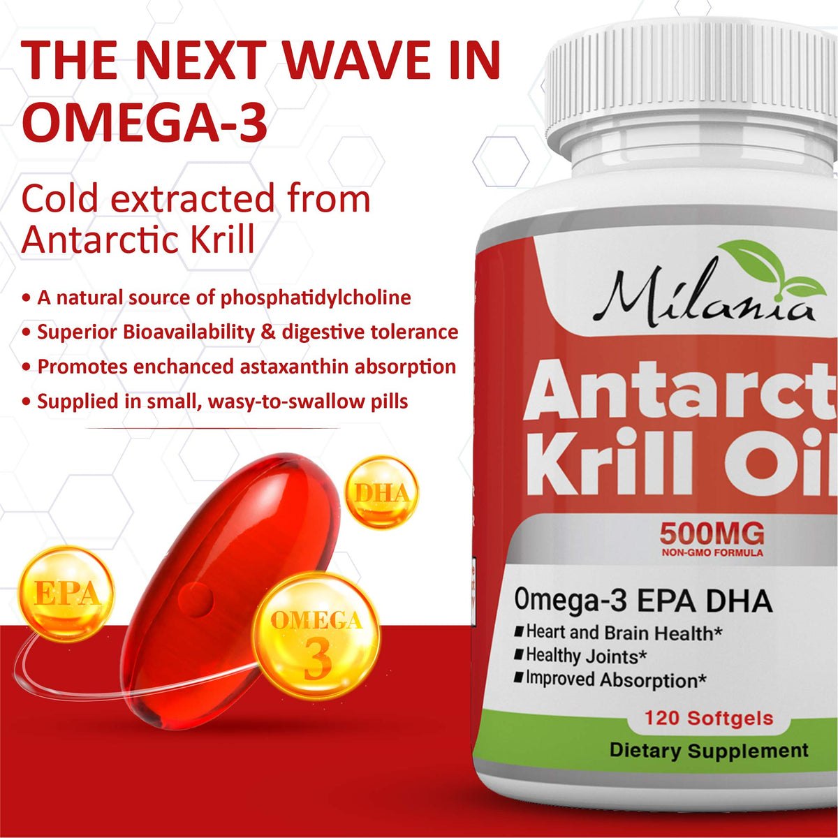 Bouteille d'huile de krill de l'Antarctique MILANIA 500mg
