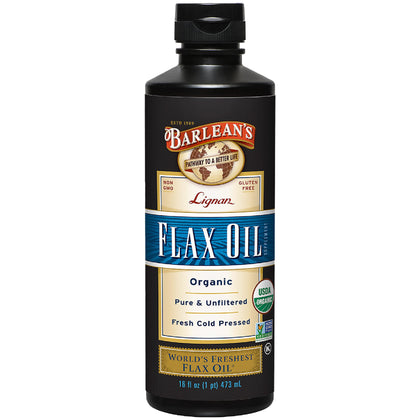 Bouteille d'huile de lin lignane Barlean's 16oz vue de face