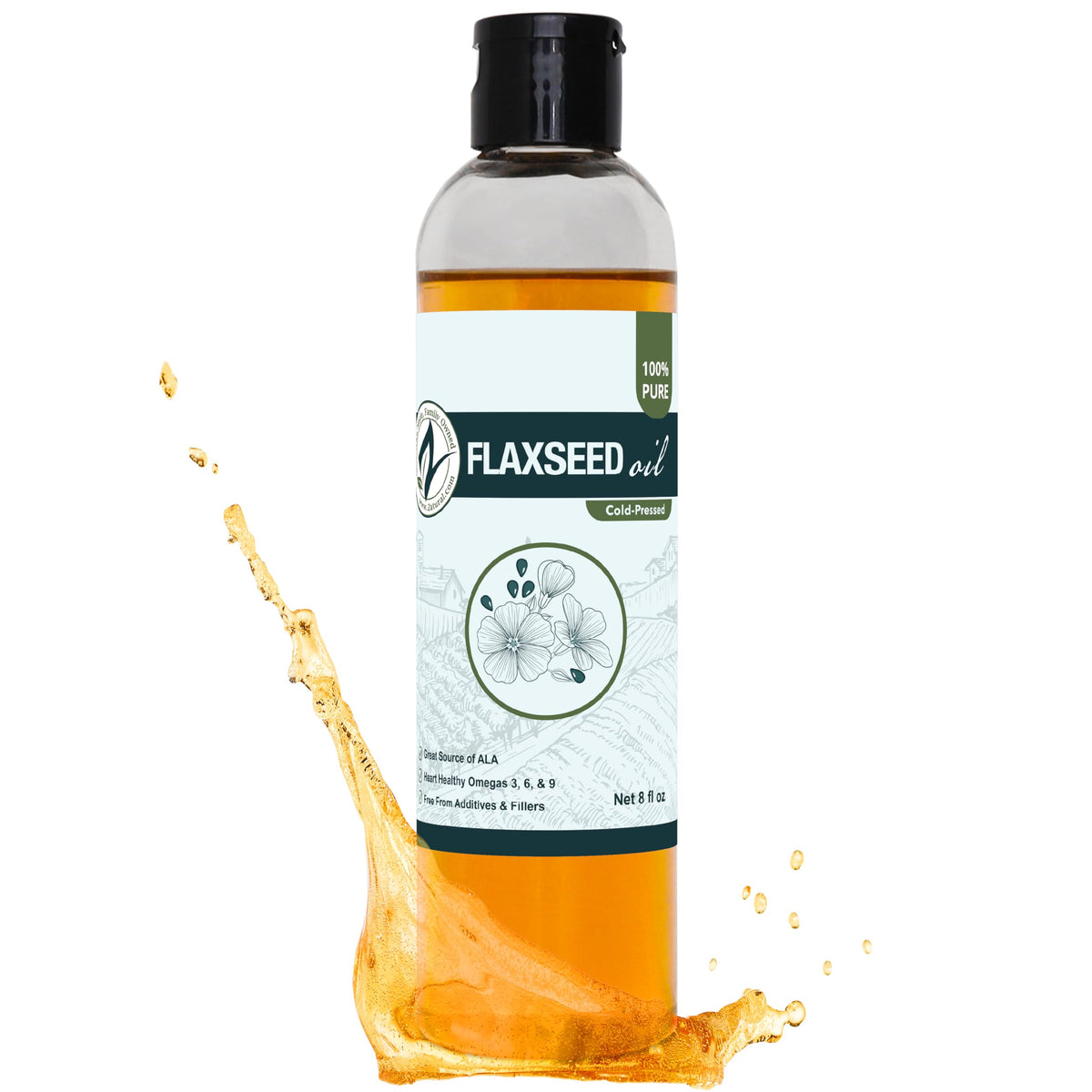Bouteille d'huile de lin Zatural 240ml vue de face