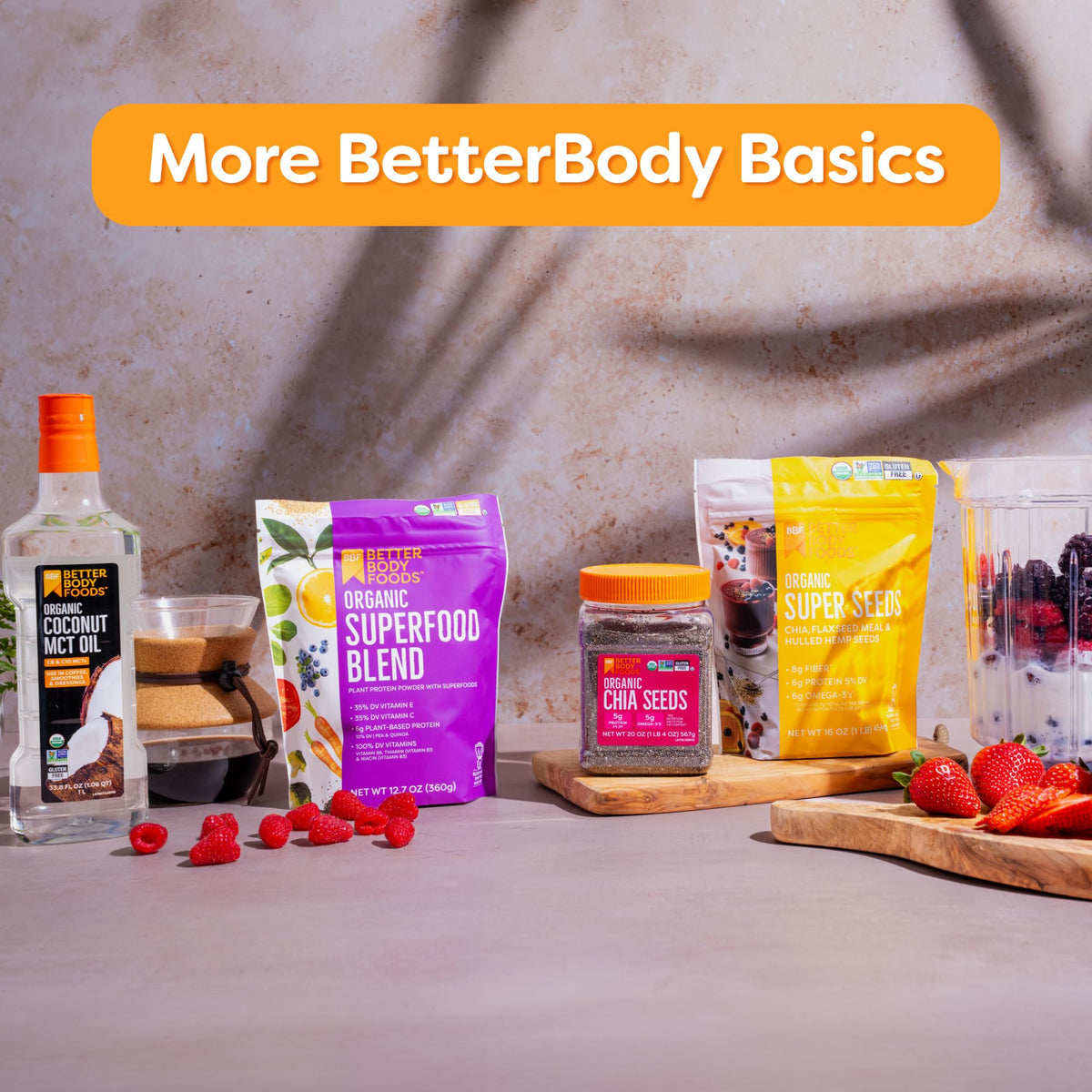 Bouteille d'huile de MCT Bio avec des fruits frais pour une recette