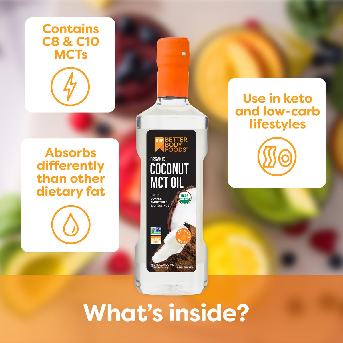 Bouteille d'huile de MCT Bio BetterBody Foods sur une table avec des ingrédients