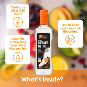 Bouteille d'huile de MCT Bio BetterBody Foods sur une table avec des ingrédients