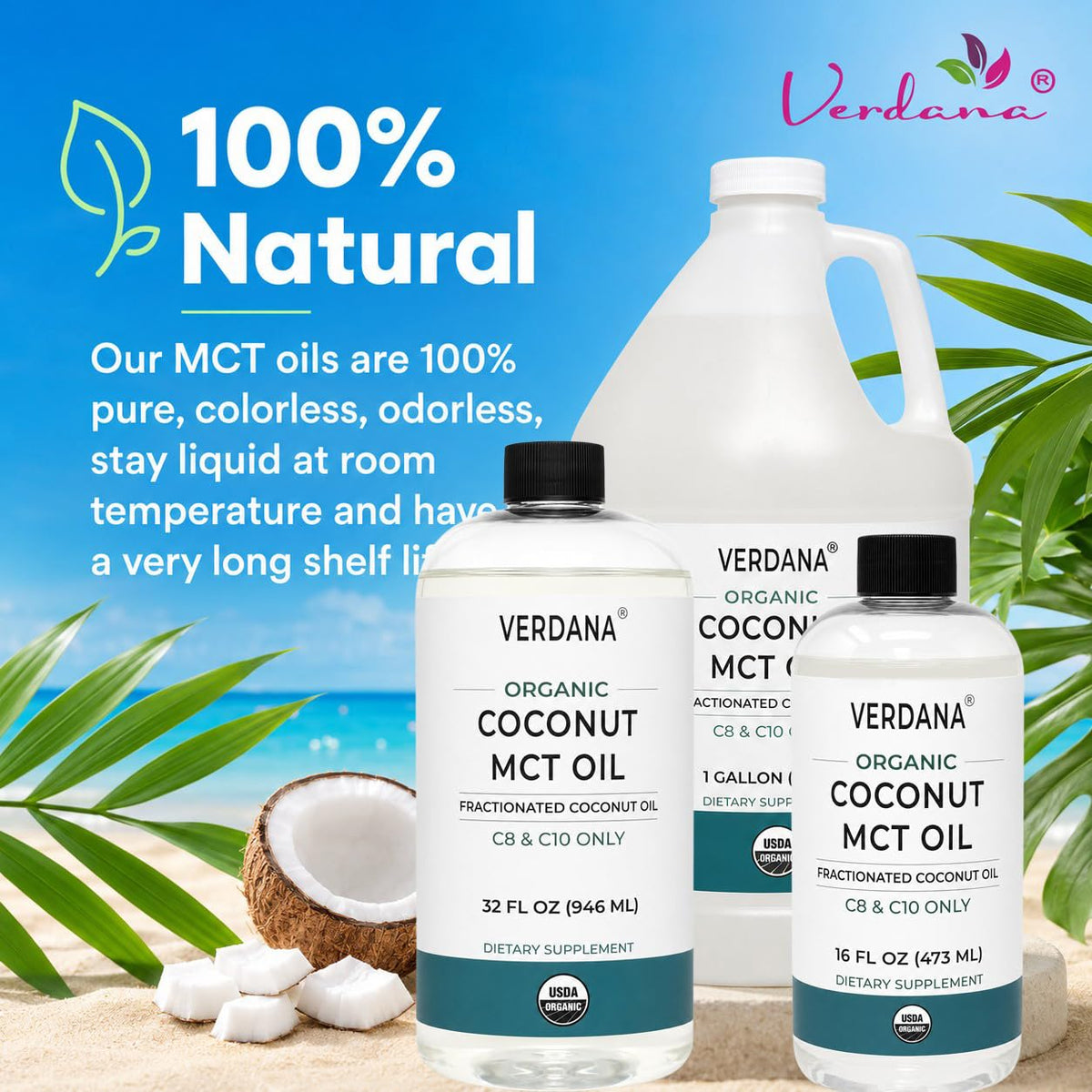 Bouteille d'huile de noix de coco MCT Verdana avec couvercle ouvert