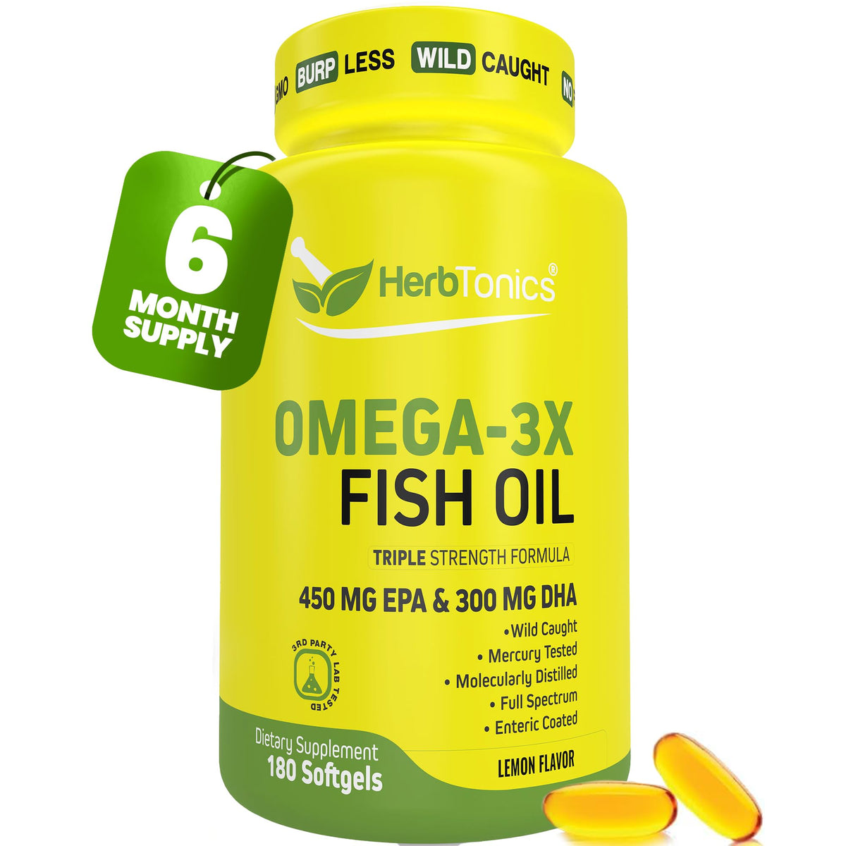 Bouteille d'huile de poisson Omega 3 Herbtonics 1250mg avec 180 gélules