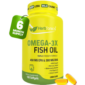 Bouteille d'huile de poisson Omega 3 Herbtonics 1250mg avec 180 gélules