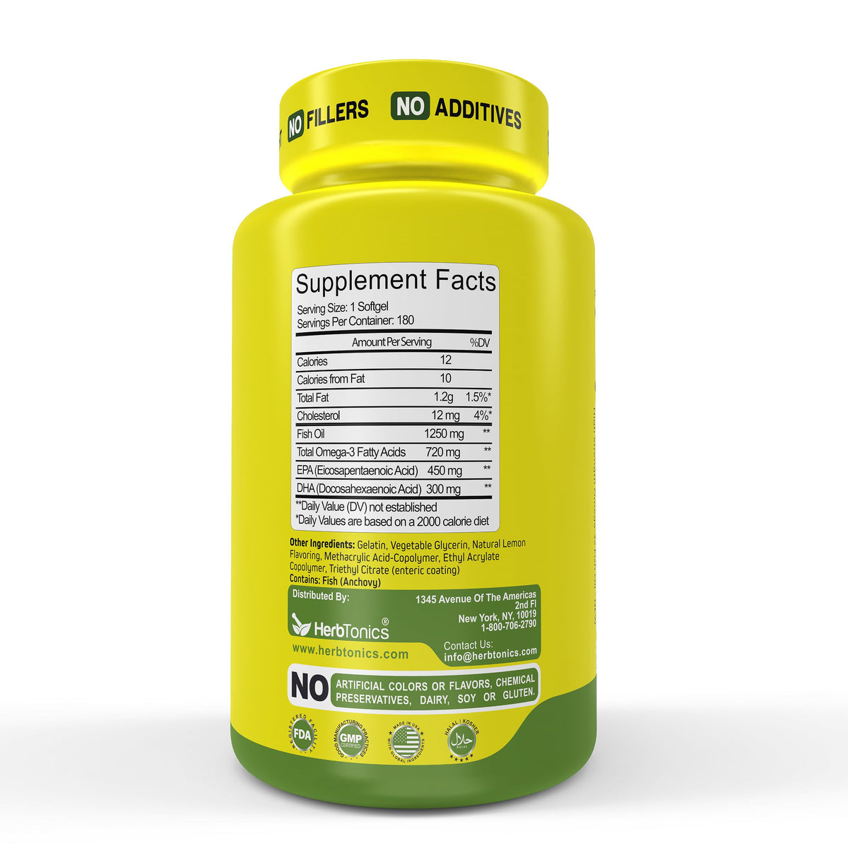 Bouteille d'huile de poisson Omega 3 Herbtonics avec des gélules sur une table