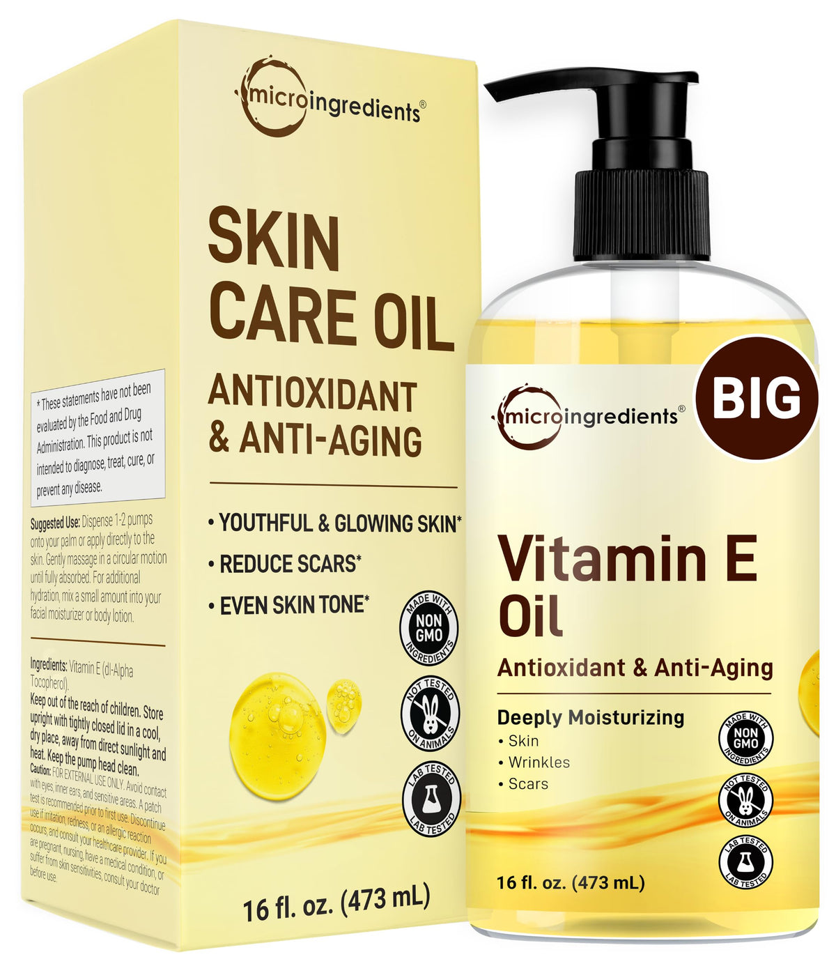 Bouteille d'huile de vitamine E Micro Ingredients 473ml vue de face