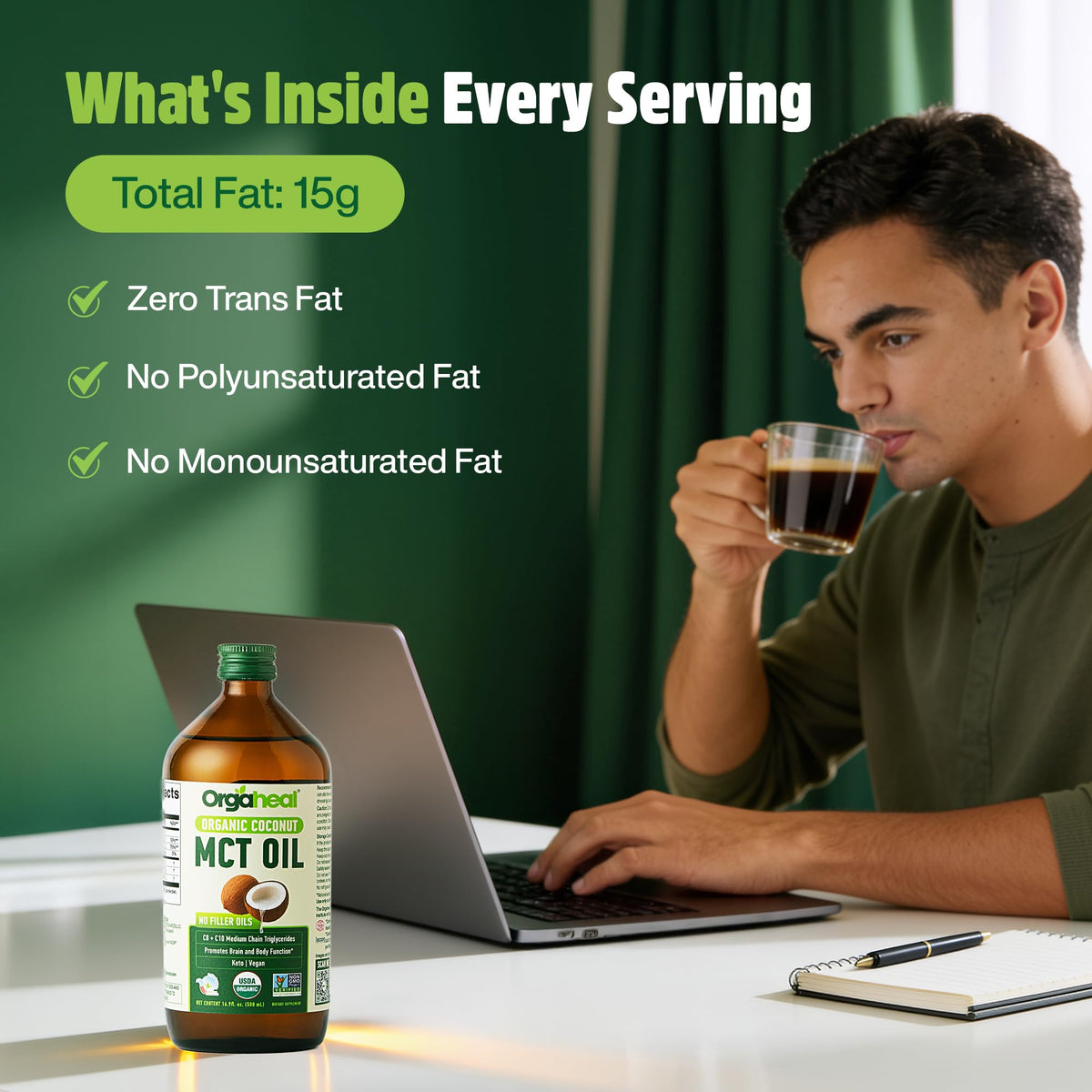 Bouteille d'huile MCT Bio Orgaheal avec un fond neutre