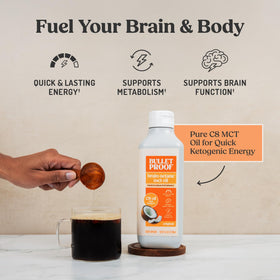 Bouteille d'huile MCT Bulletproof Brain Octane C8 avec des noix de coco en arrière-plan