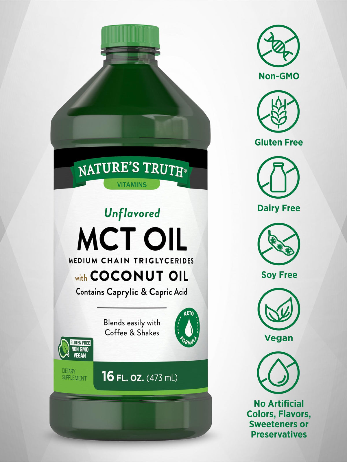 Bouteille d'huile MCT Nature's Truth avec ingrédients affichés