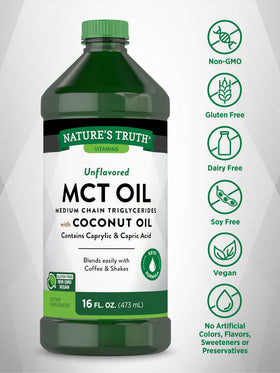 Bouteille d'huile MCT Nature's Truth avec ingrédients affichés