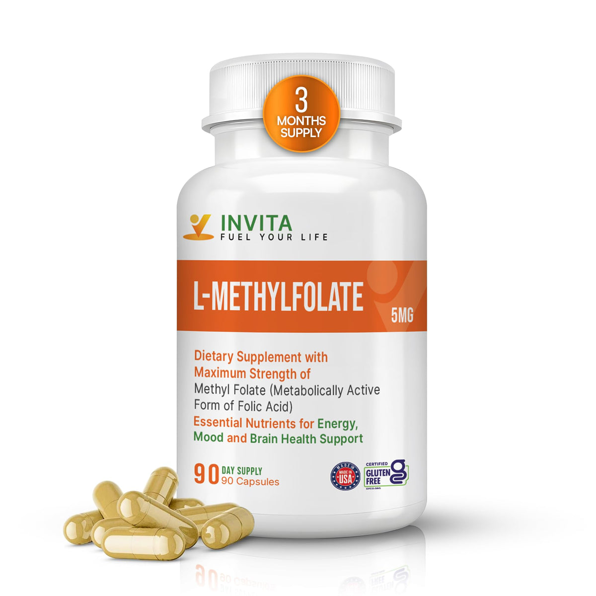Bouteille d'INVITA L-Méthylfolate 5mg avec étiquette visible