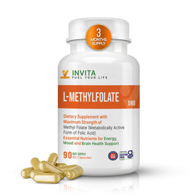 Bouteille d'INVITA L-Méthylfolate 5mg avec étiquette visible