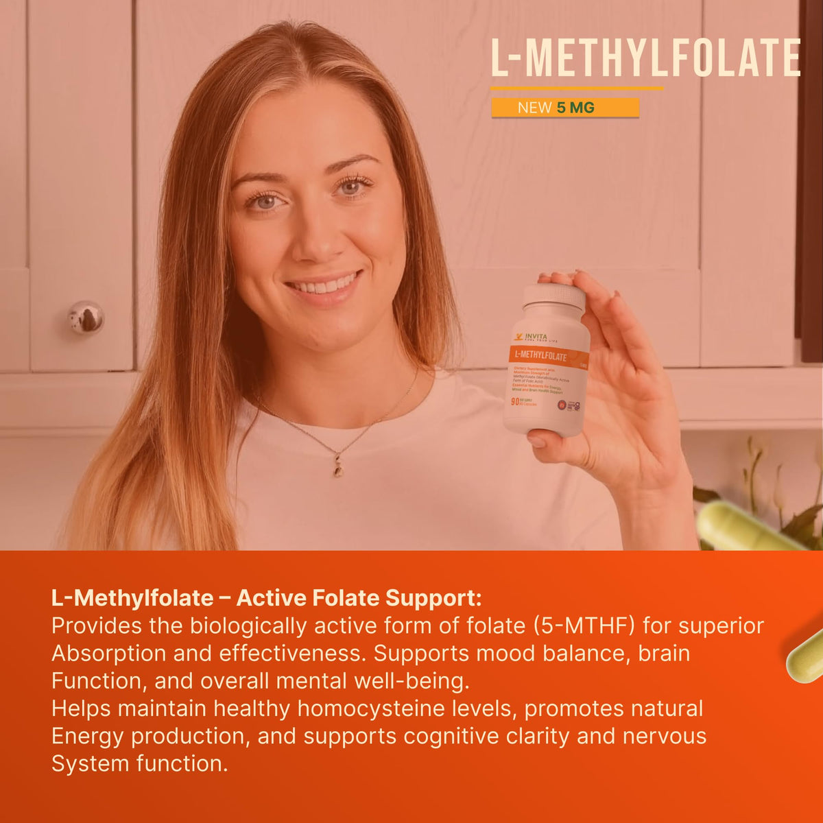 Bouteille d'INVITA L-Méthylfolate ouverte avec gélules à l'intérieur