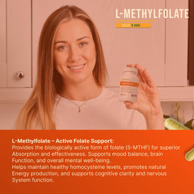 Bouteille d'INVITA L-Méthylfolate ouverte avec gélules à l'intérieur