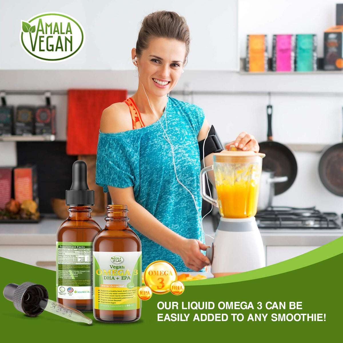 Bouteille d'Omega 3 Végétal Amala Vegan sur une table