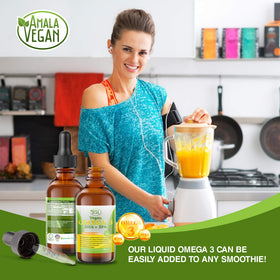 Bouteille d'Omega 3 Végétal Amala Vegan sur une table